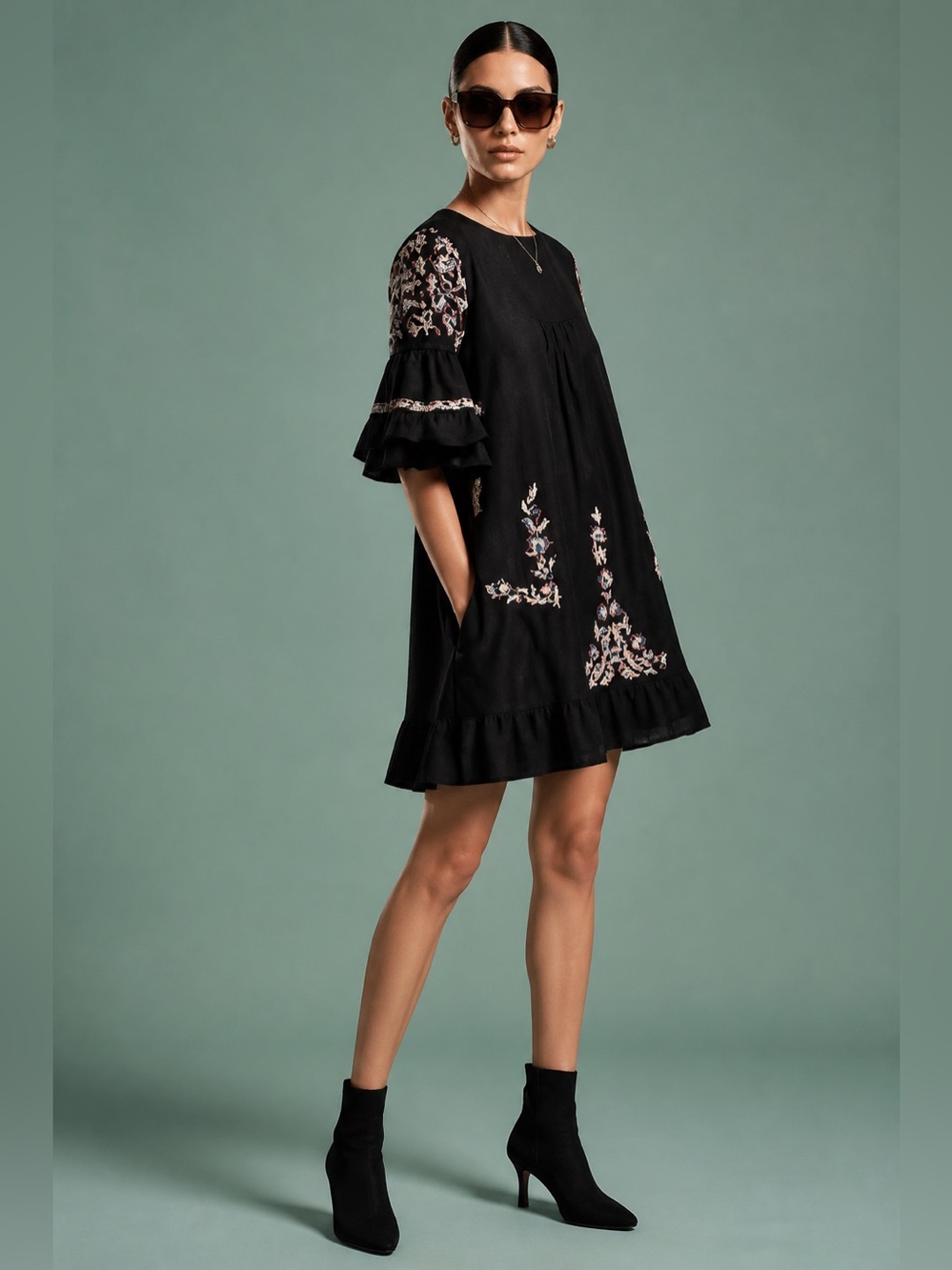 Free People Womens Pavlo Dress Embroidered Black Babydoll Boho Size S Petite